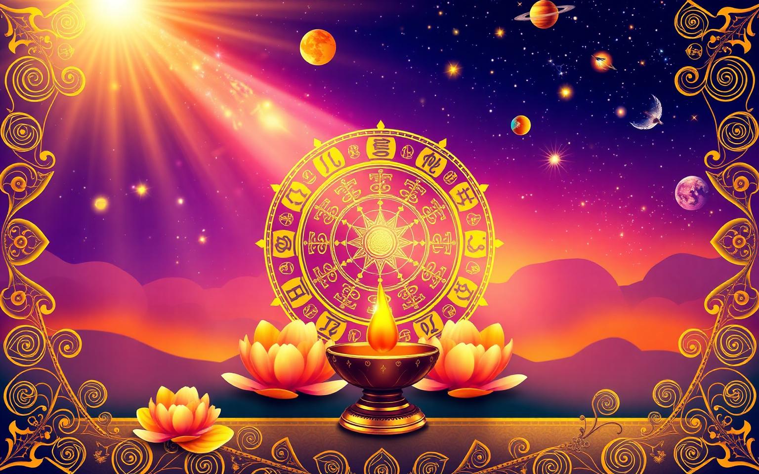 Golden zodiac wheel with lotus flowers, a sacred lamp and planets in a bright spiritual sky